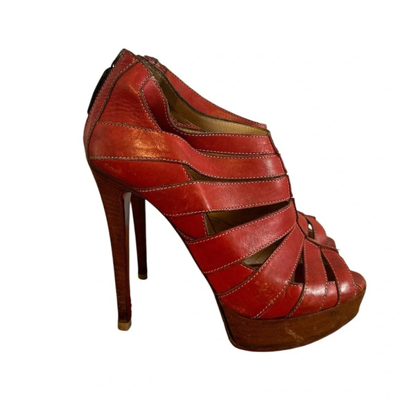Christian Louboutin Red Leather Wooden Platform Heels - Picture 1 of 7